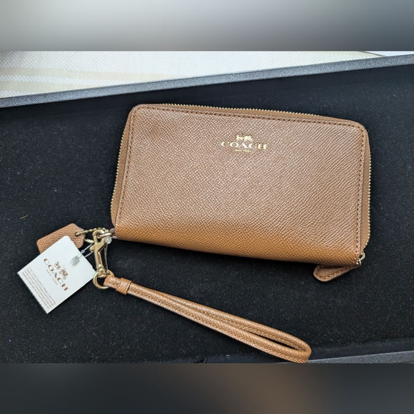 Coach Handbags - Coach Brown Saffiano Leather Zip-Around Wristlet Clutch